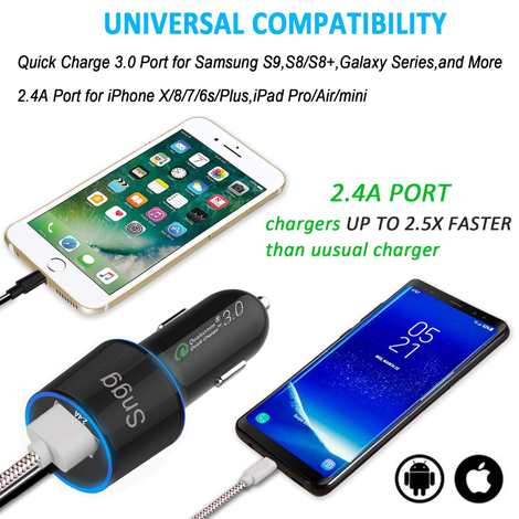 Illustration for article titled Phone Car Charger at only $5.49, QC3.0A Dual Port USB Car Charger+5ft Phone Charging Cable with free shippingÂ